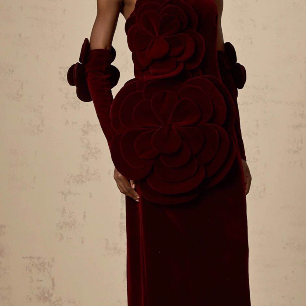 Strapless Velvet Evening Dress with Sculpted Floral Appliqués - Burgundy